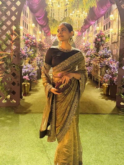 Luxury Gold Tissue Silk Saree With Black Embroidered Border Designer Wedding Saree
