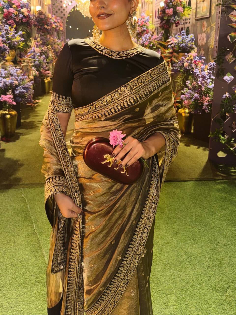 Luxury Gold Tissue Silk Saree With Black Embroidered Border Designer Wedding Saree