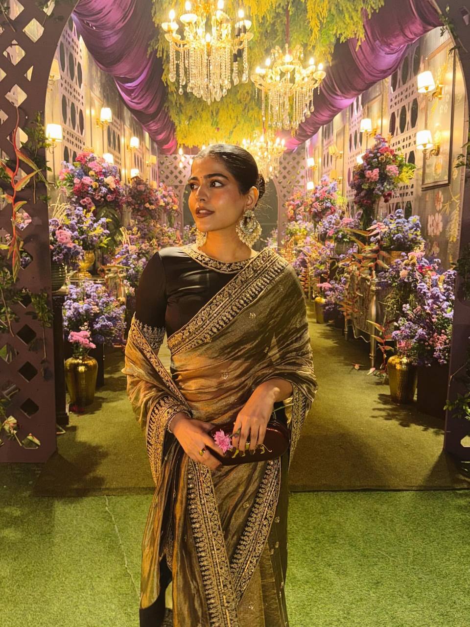 Luxury Gold Tissue Silk Saree With Black Embroidered Border Designer Wedding Saree