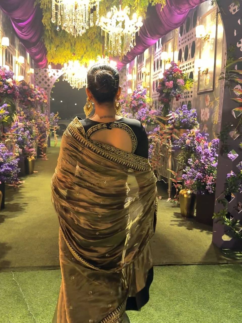 Luxury Gold Tissue Silk Saree With Black Embroidered Border Designer Wedding Saree