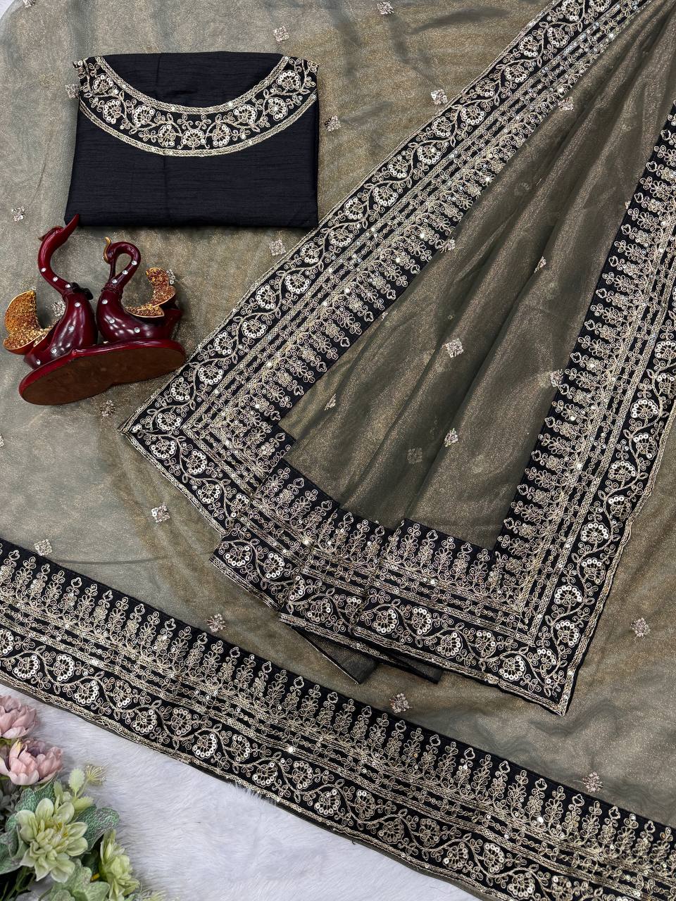 Luxury Gold Tissue Silk Saree With Black Embroidered Border Designer Wedding Saree