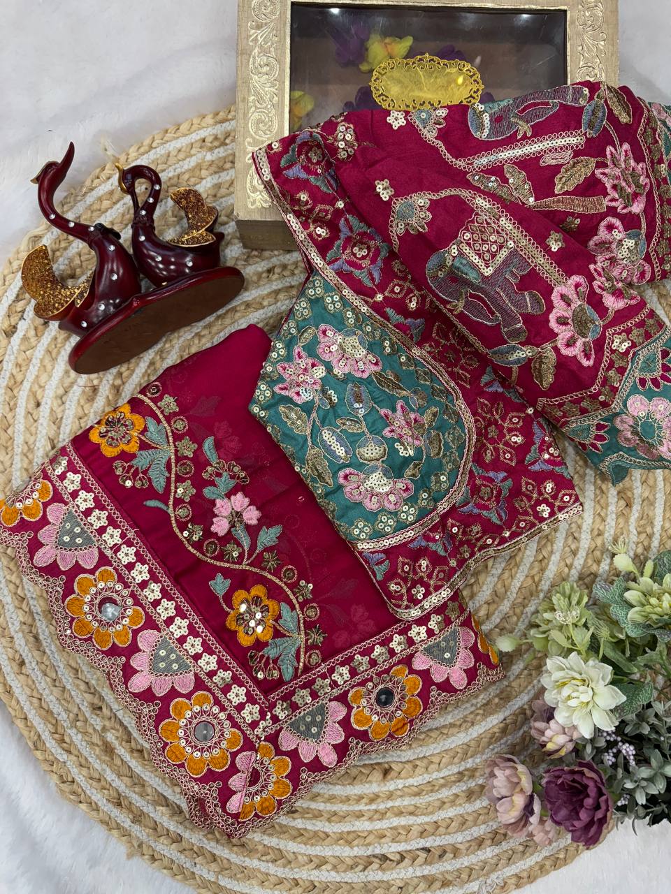 Premium Magenta Embroidered Saree With Multicolor Floral & Elephant Designer Work Festive Saree