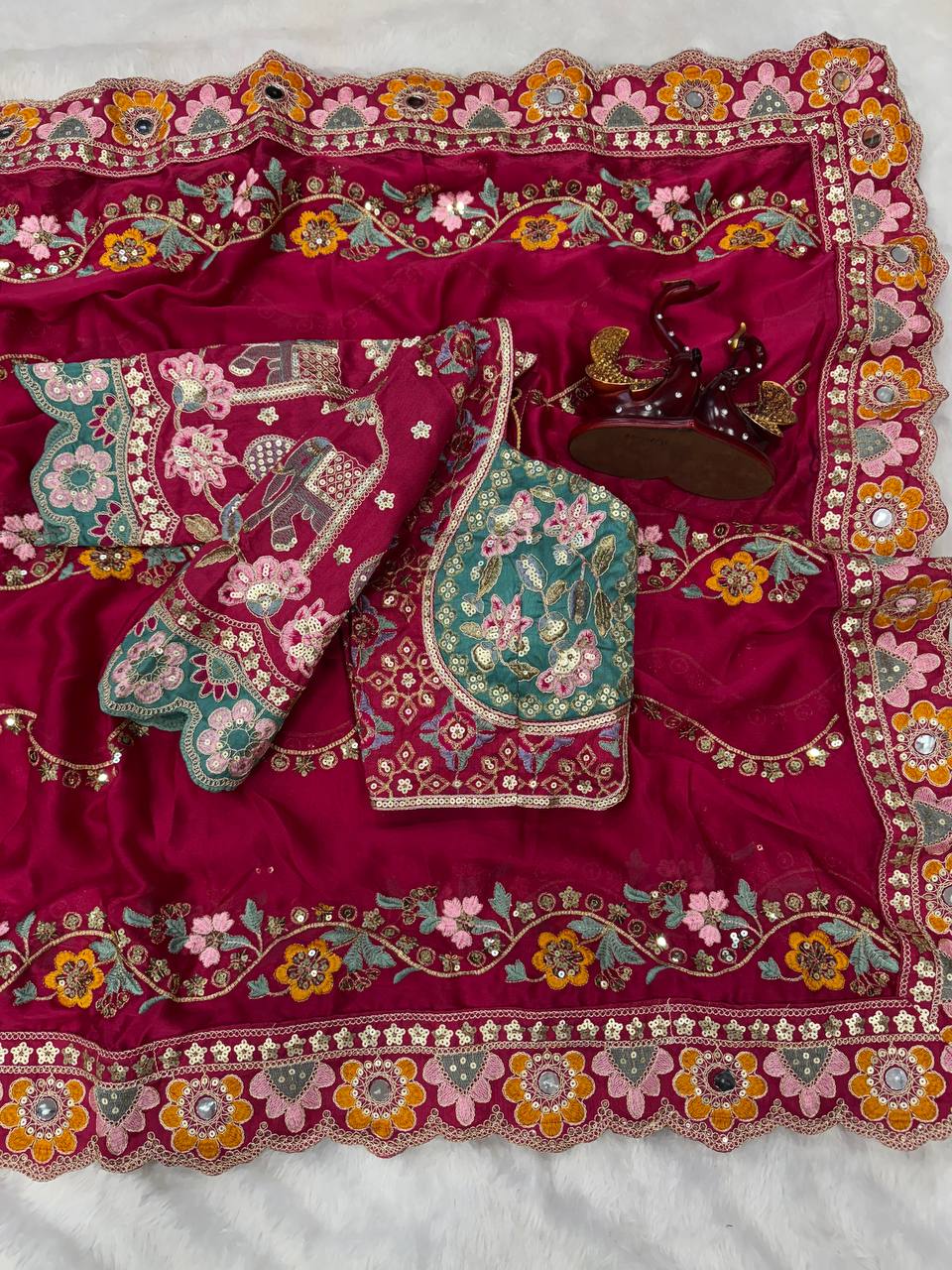 Premium Magenta Embroidered Saree With Multicolor Floral & Elephant Designer Work Festive Saree