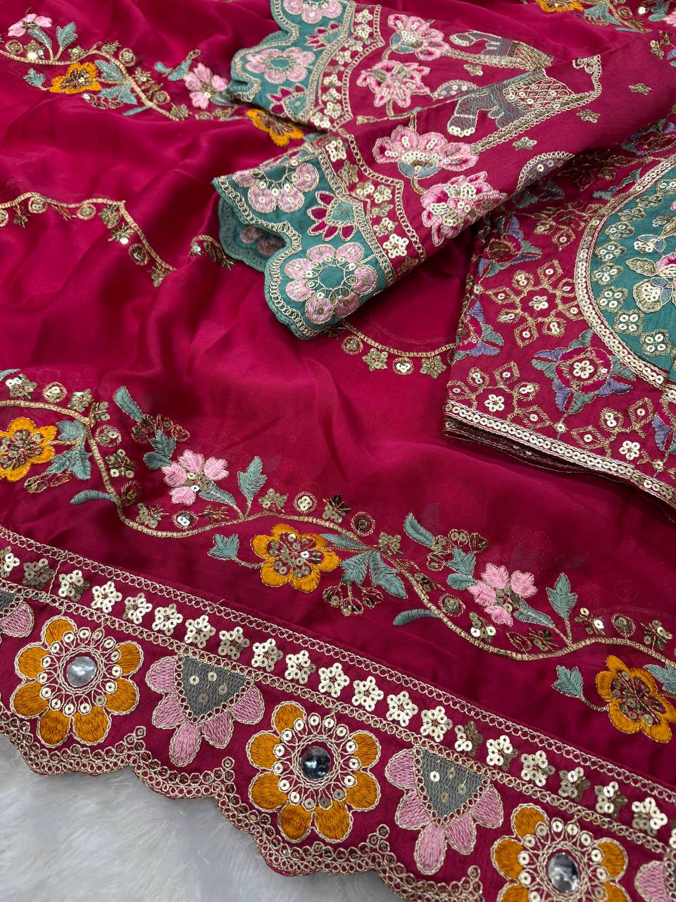 Premium Magenta Embroidered Saree With Multicolor Floral & Elephant Designer Work Festive Saree