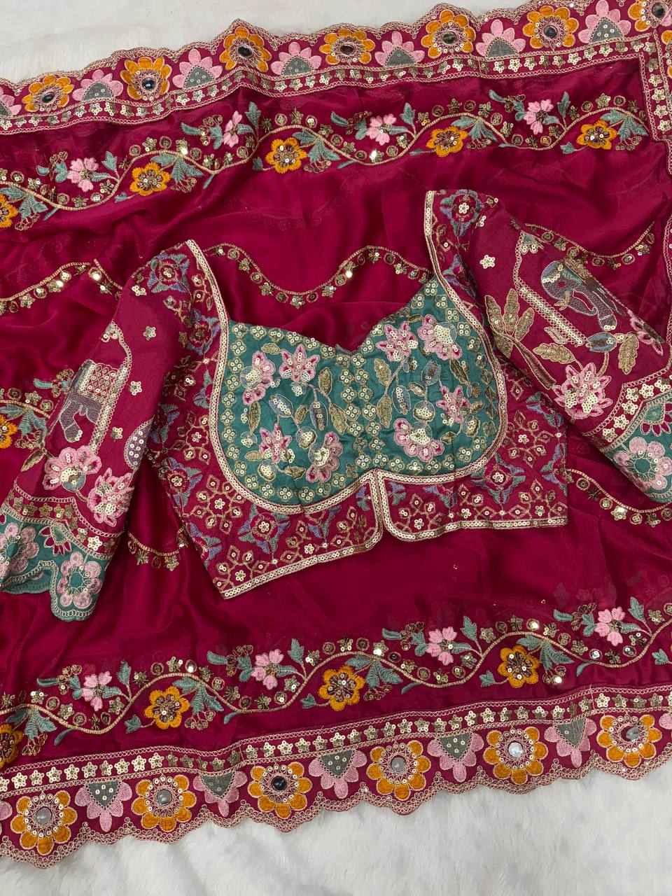 Premium Magenta Embroidered Saree With Multicolor Floral & Elephant Designer Work Festive Saree