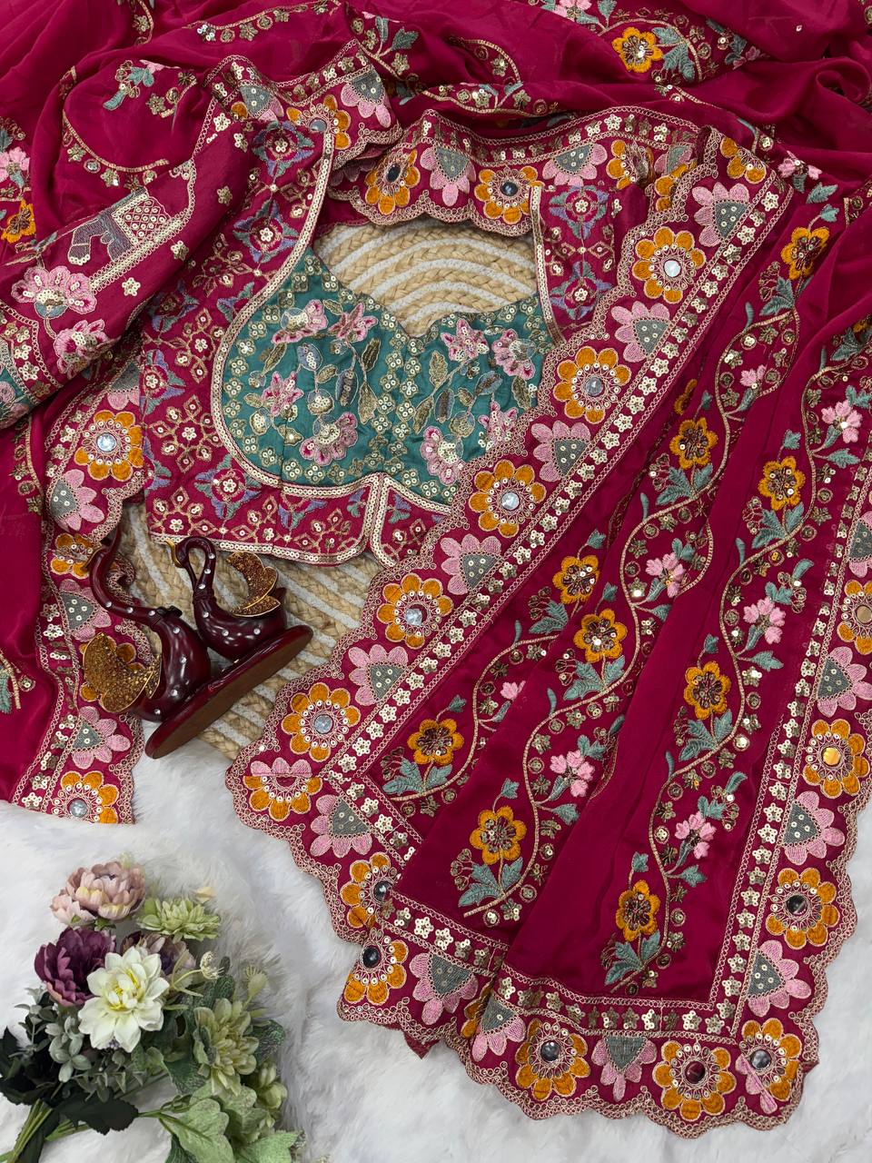 Premium Magenta Embroidered Saree With Multicolor Floral & Elephant Designer Work Festive Saree