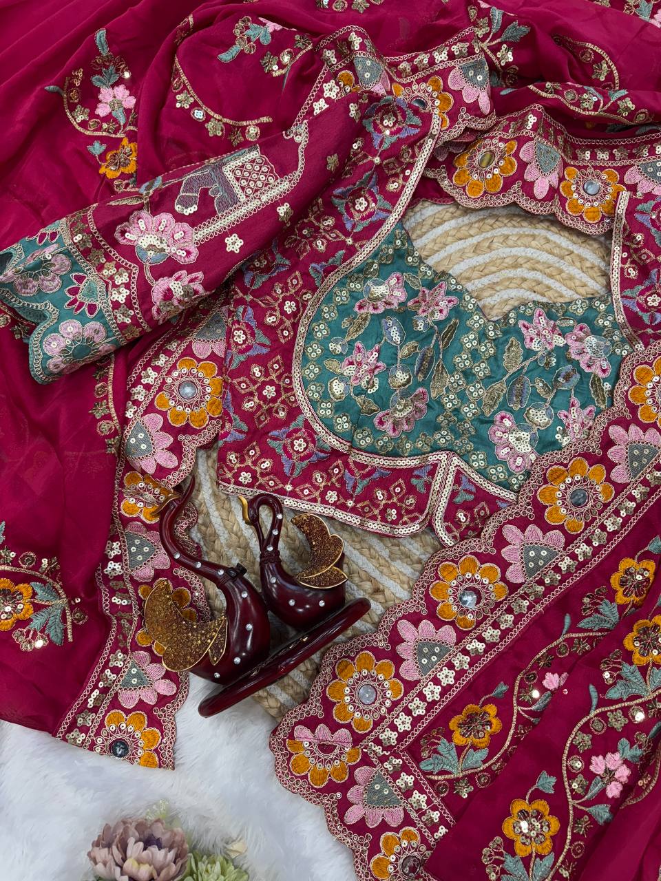 Premium Magenta Embroidered Saree With Multicolor Floral & Elephant Designer Work Festive Saree