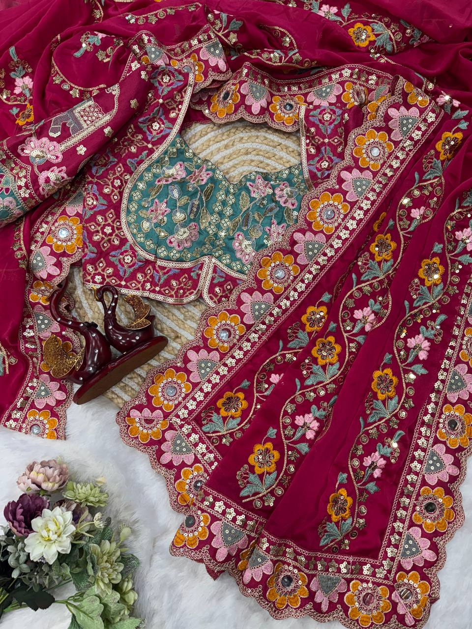 Premium Magenta Embroidered Saree With Multicolor Floral & Elephant Designer Work Festive Saree