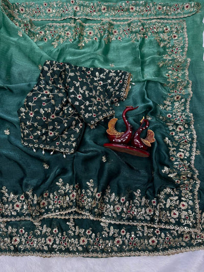 Luxury Organza Silk Saree With Heavy Floral Embroidered Border & Designer Blouse Festive Saree