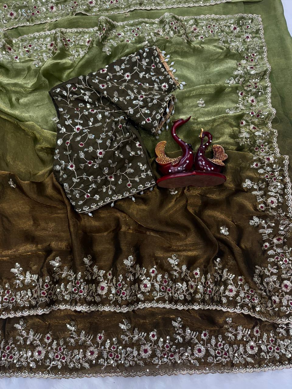 Luxury Organza Silk Saree With Heavy Floral Embroidered Border & Designer Blouse Festive Saree