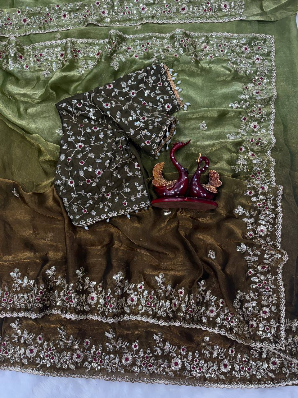 Luxury Organza Silk Saree With Heavy Floral Embroidered Border & Designer Blouse Festive Saree