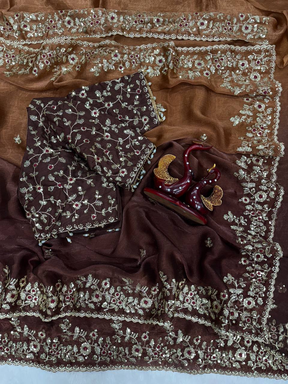 Luxury Organza Silk Saree With Heavy Floral Embroidered Border & Designer Blouse Festive Saree