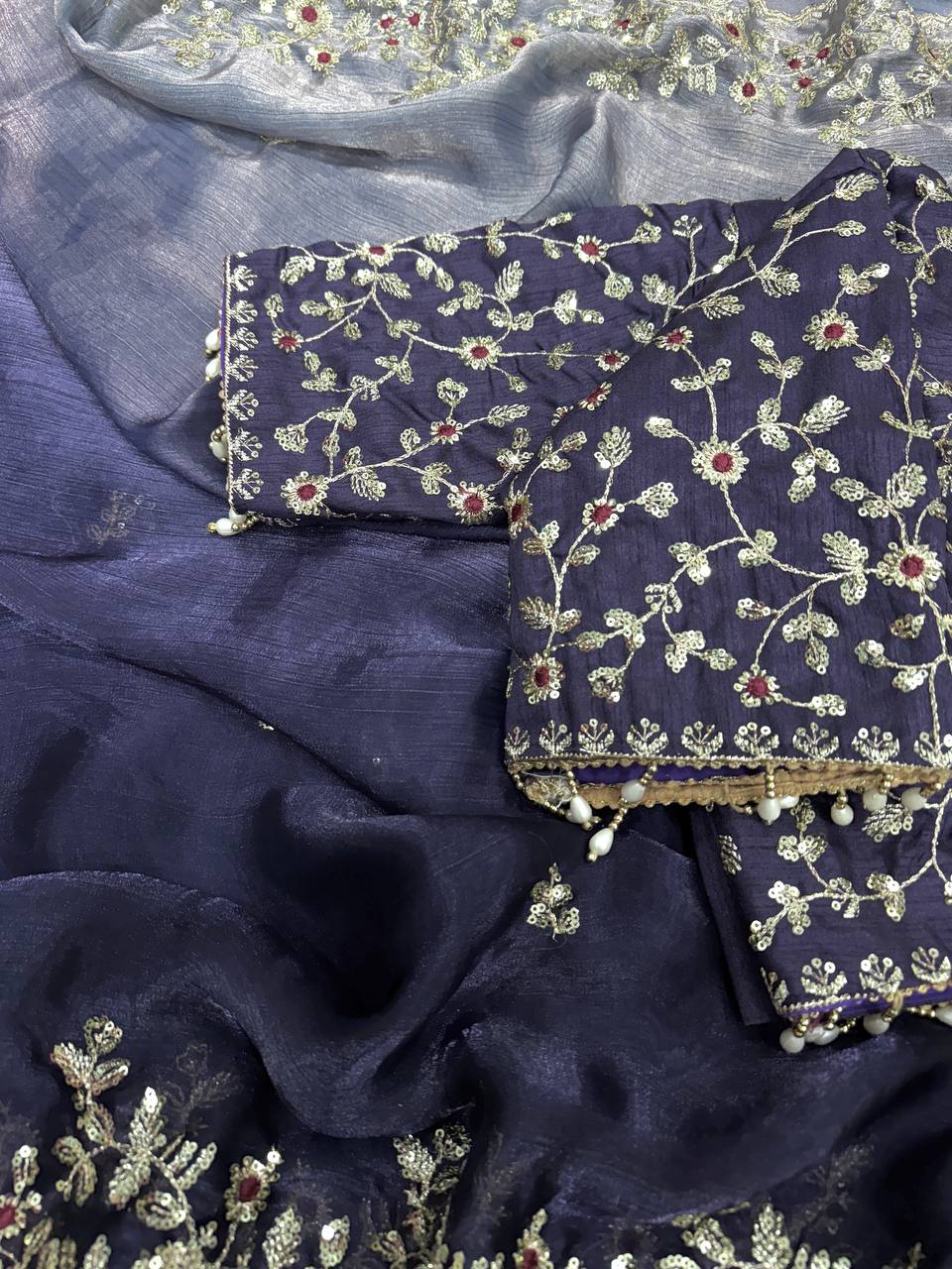 Luxury Organza Silk Saree With Heavy Floral Embroidered Border & Designer Blouse Festive Saree