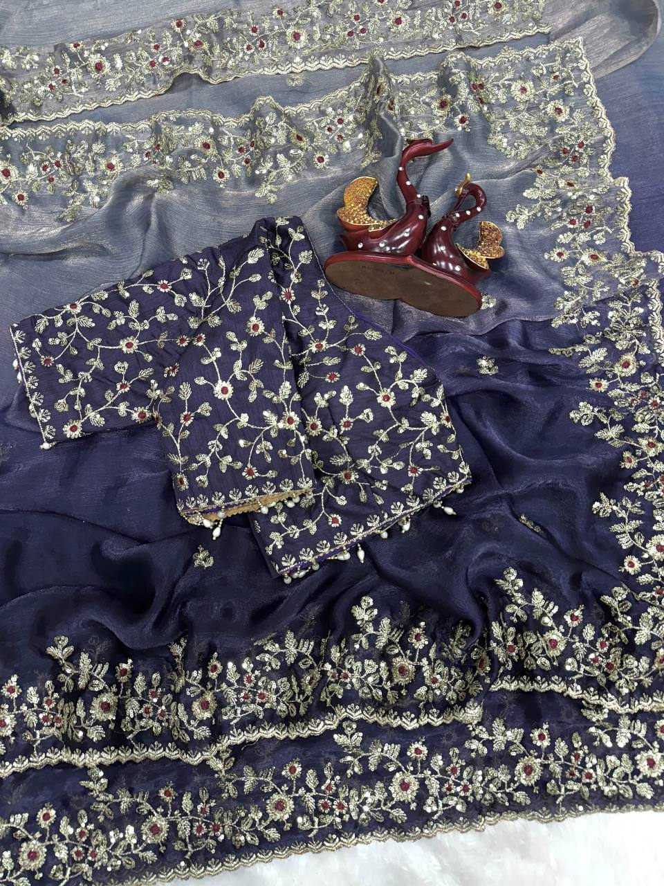 Luxury Organza Silk Saree With Heavy Floral Embroidered Border & Designer Blouse Festive Saree