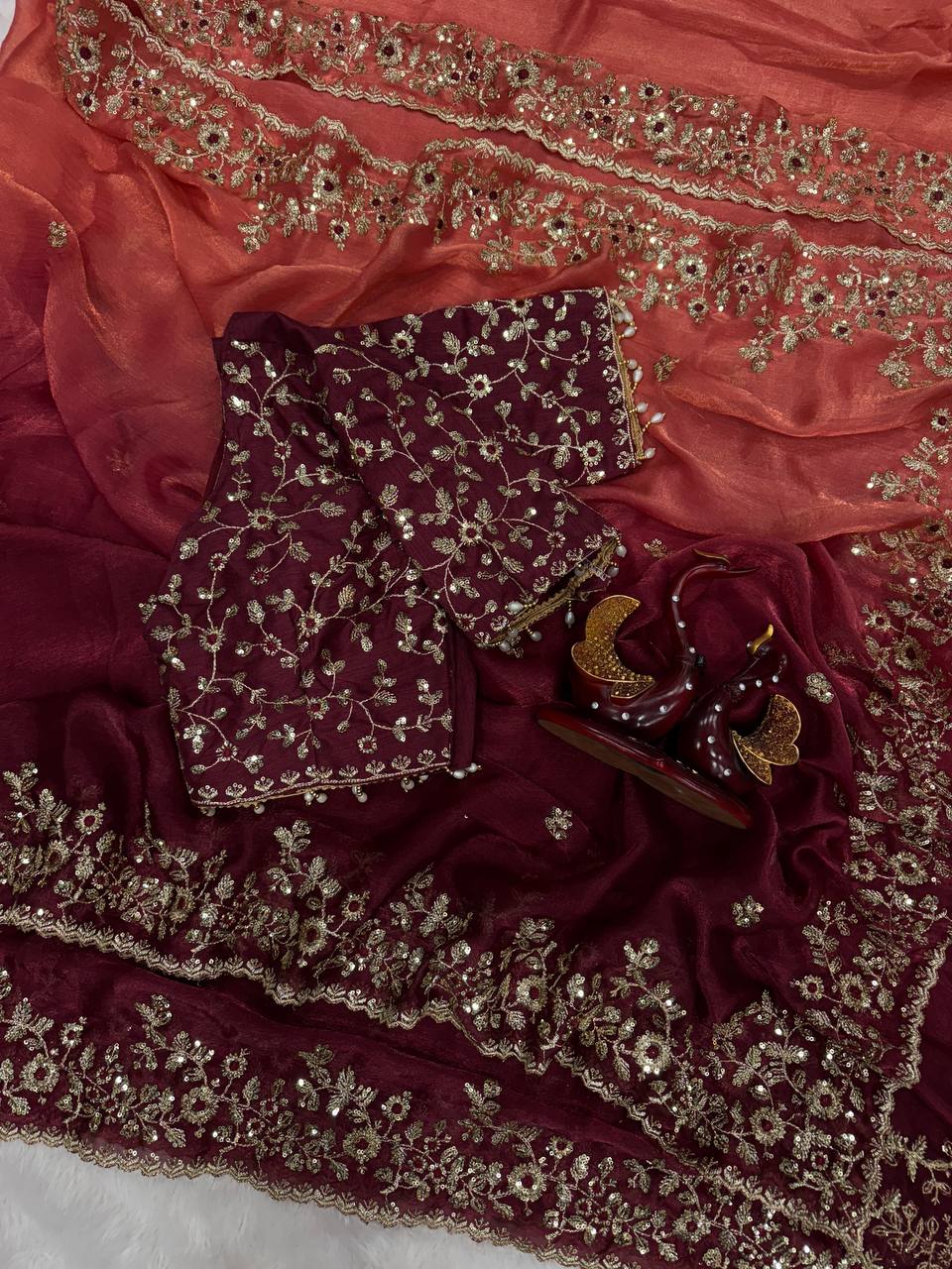 Luxury Organza Silk Saree With Heavy Floral Embroidered Border & Designer Blouse Festive Saree