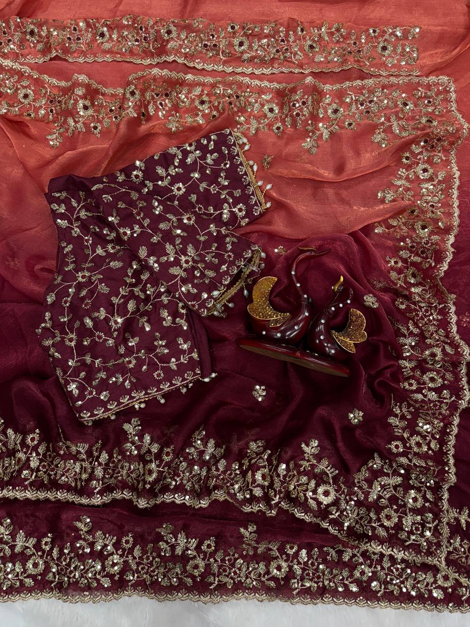 Luxury Organza Silk Saree With Heavy Floral Embroidered Border & Designer Blouse Festive Saree