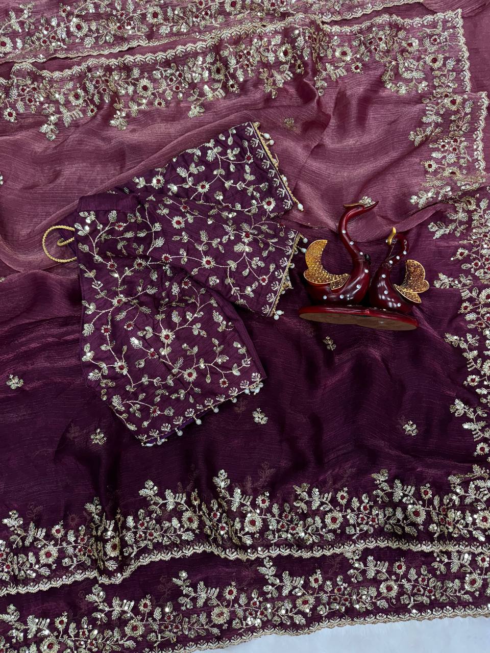 Luxury Organza Silk Saree With Heavy Floral Embroidered Border & Designer Blouse Festive Saree