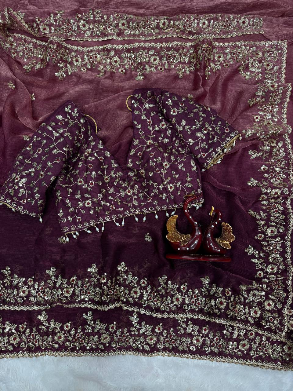 Luxury Organza Silk Saree With Heavy Floral Embroidered Border & Designer Blouse Festive Saree