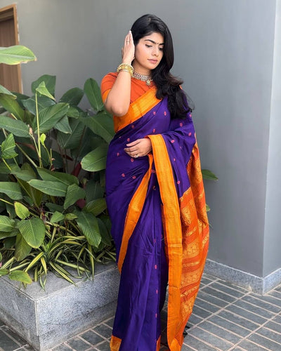 Royal Purple Silk Saree with Orange Contrast Zari Border | Premium Traditional & Festive Wear