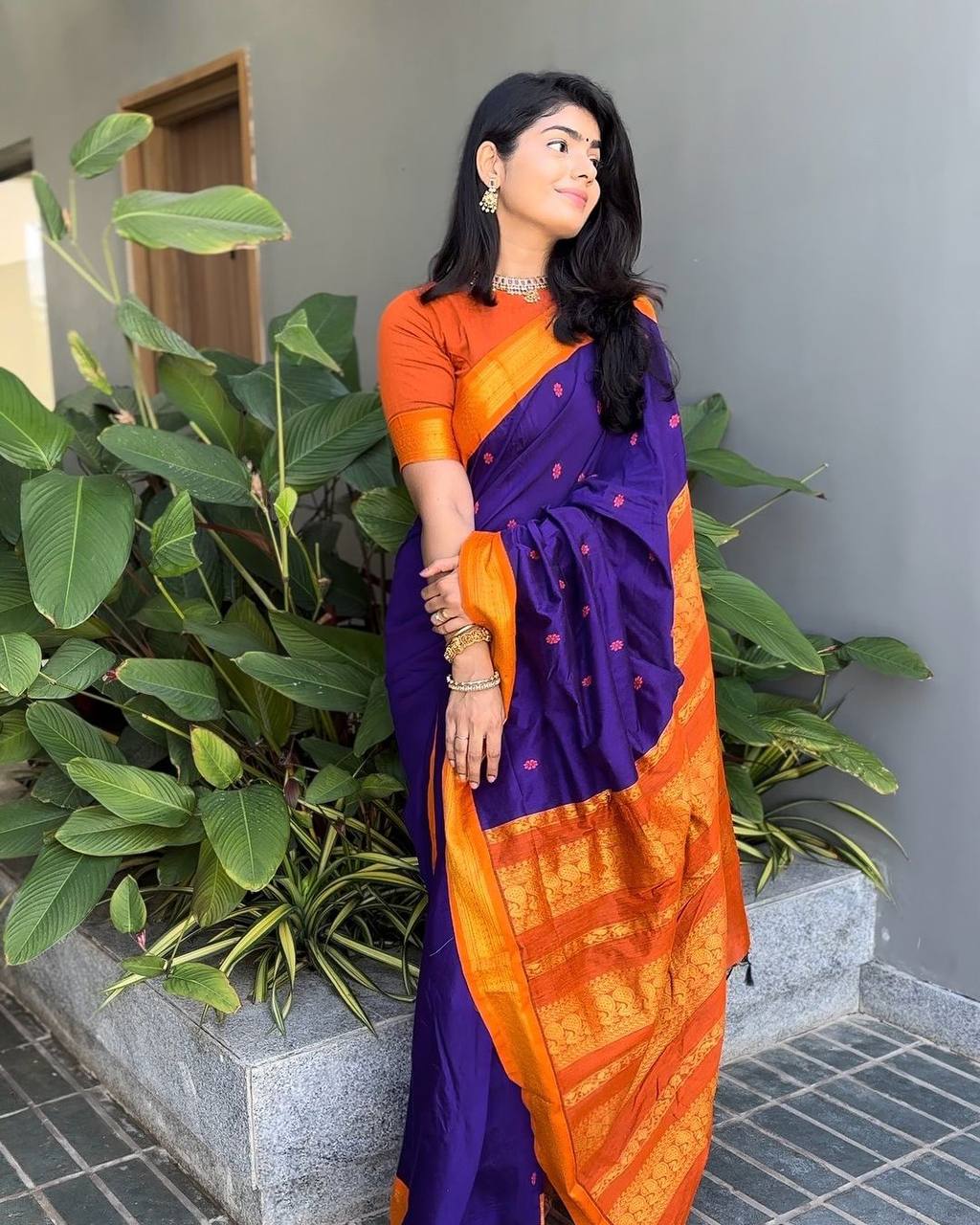 Royal Purple Silk Saree with Orange Contrast Zari Border | Premium Traditional & Festive Wear