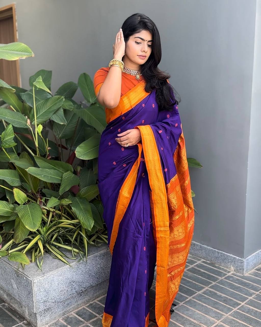 Royal Purple Silk Saree with Orange Contrast Zari Border | Premium Traditional & Festive Wear