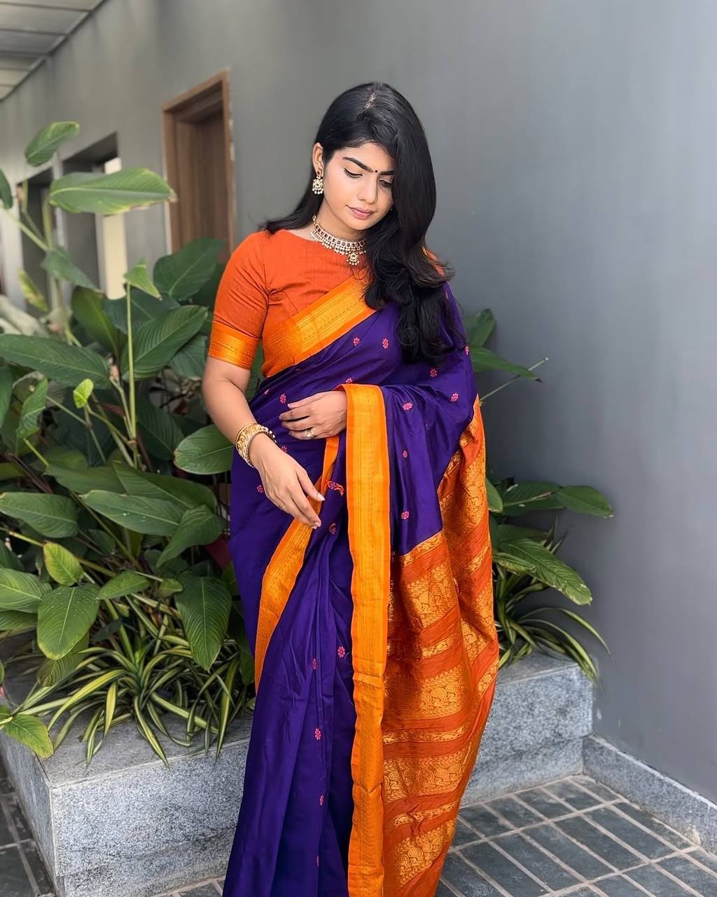 Royal Purple Silk Saree with Orange Contrast Zari Border | Premium Traditional & Festive Wear