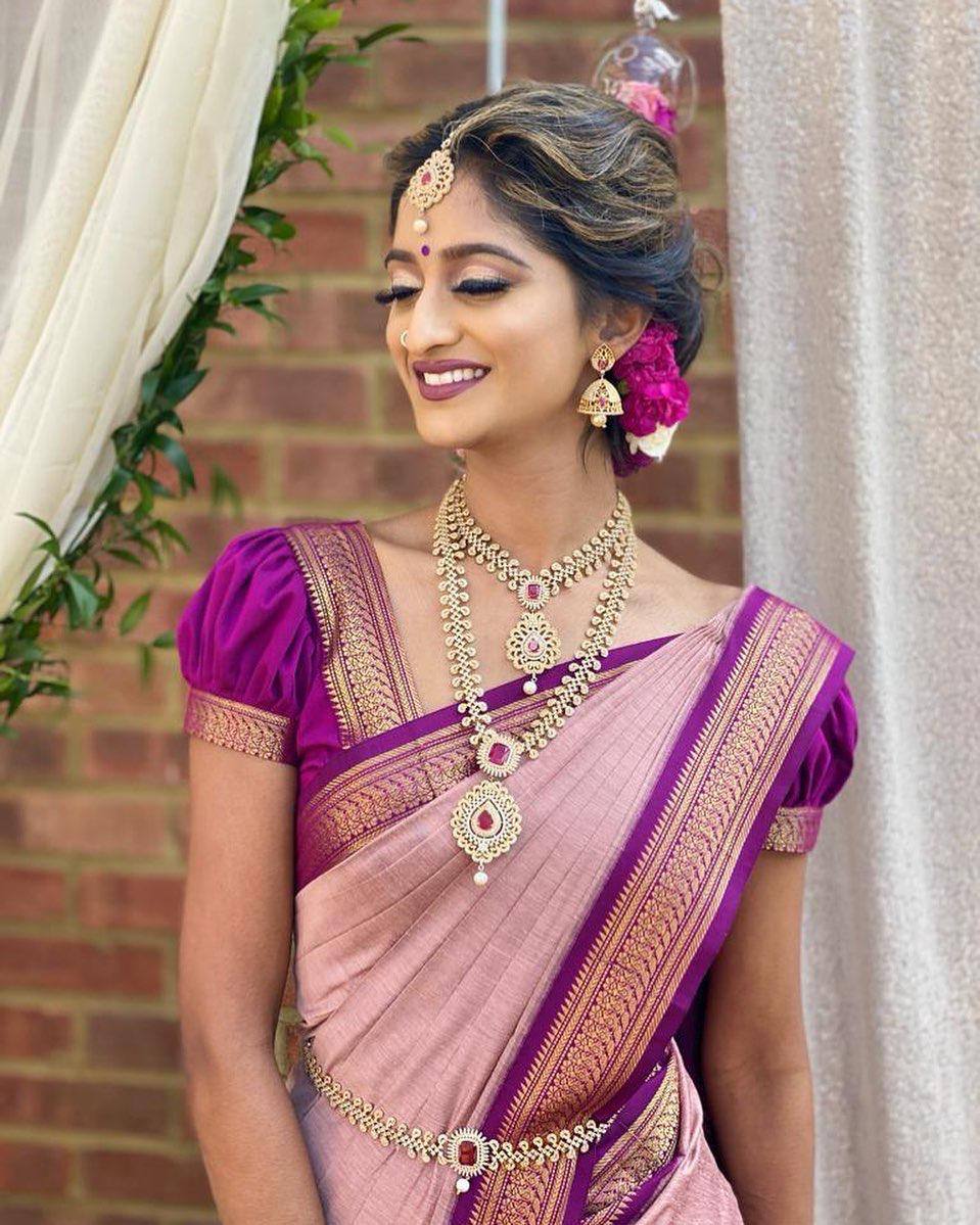 Elegant Dusty Rose Silk Saree with Royal Purple Zari Border | Premium Wedding & Festive Wear