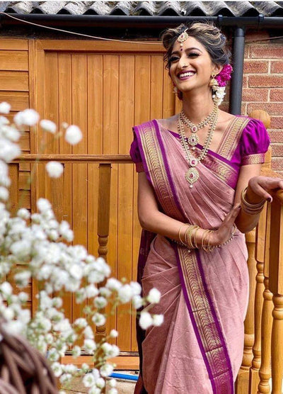 Elegant Dusty Rose Silk Saree with Royal Purple Zari Border | Premium Wedding & Festive Wear