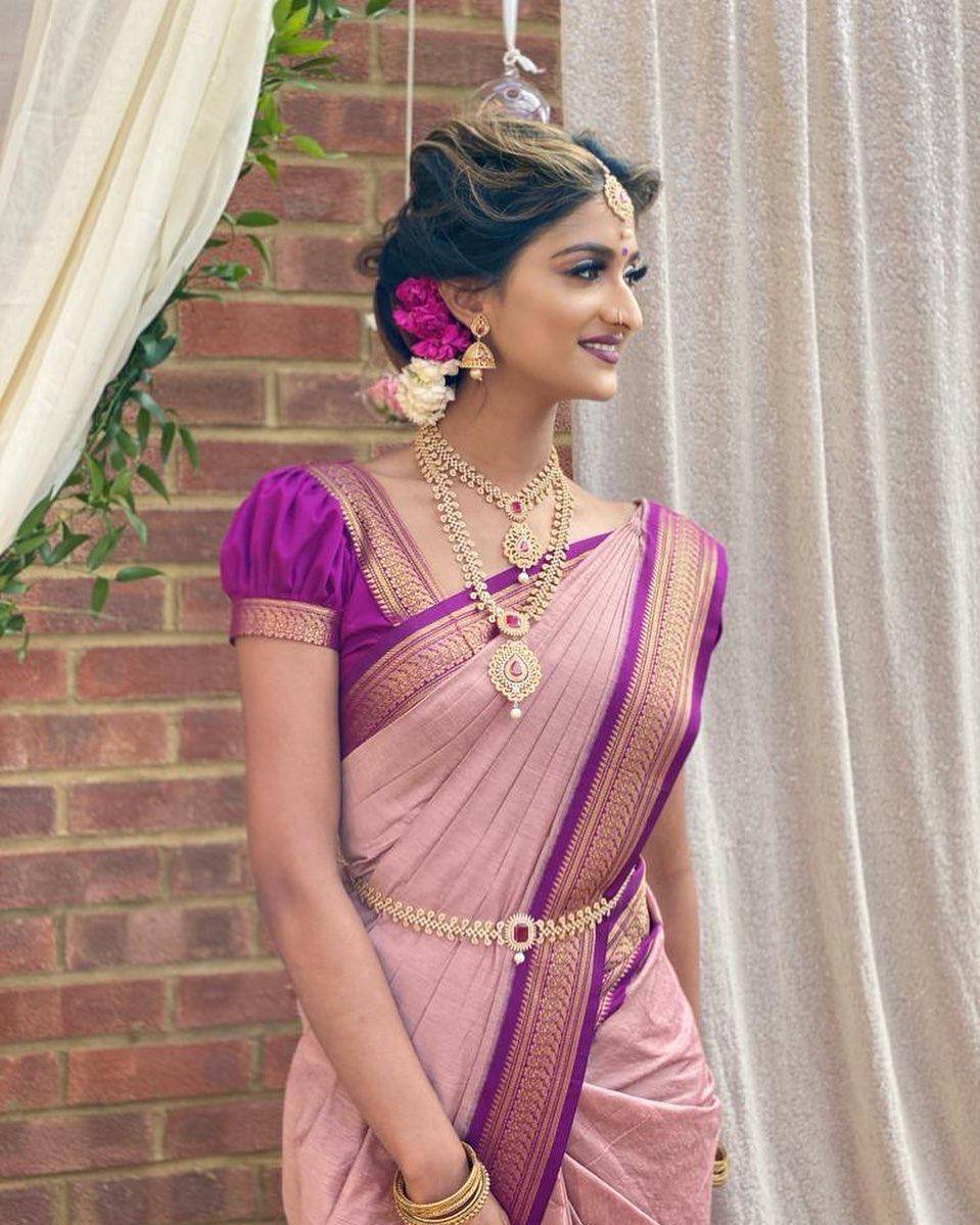 Elegant Dusty Rose Silk Saree with Royal Purple Zari Border | Premium Wedding & Festive Wear