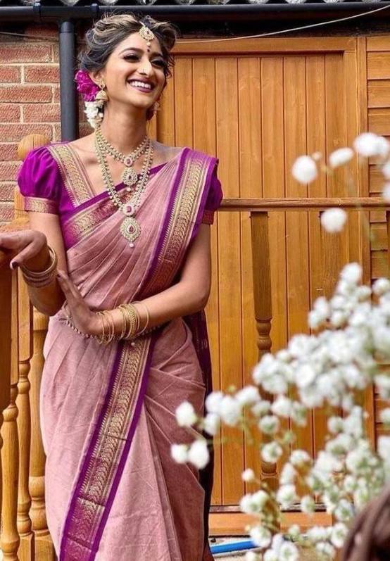 Elegant Dusty Rose Silk Saree with Royal Purple Zari Border | Premium Wedding & Festive Wear
