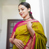Royal Olive Green Silk Saree with Pink Contrast Zari Pallu | Premium Wedding & Festive Wear