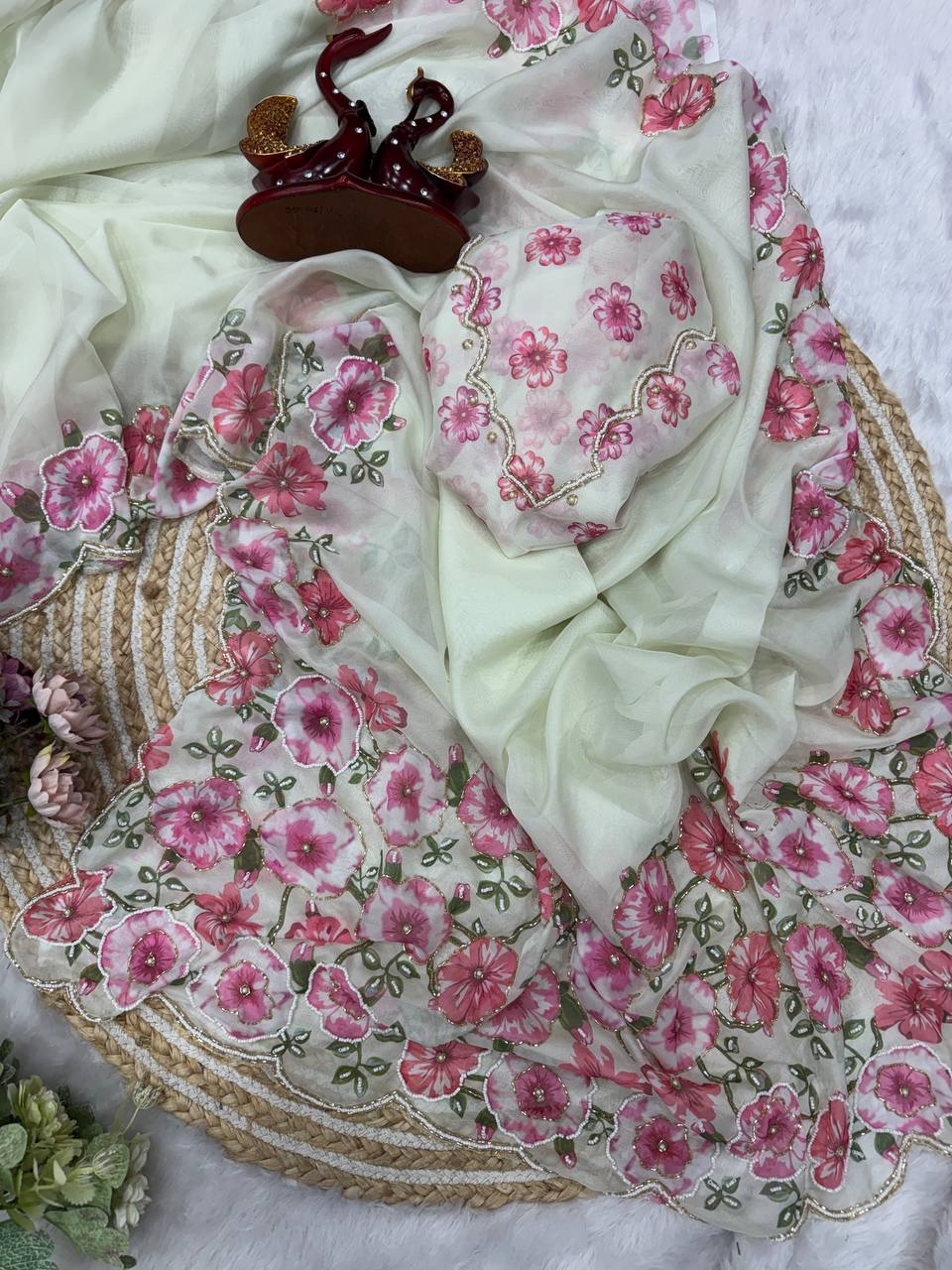 Premium White Organza Saree With Floral Printed Embroidered Border & Designer Blouse
