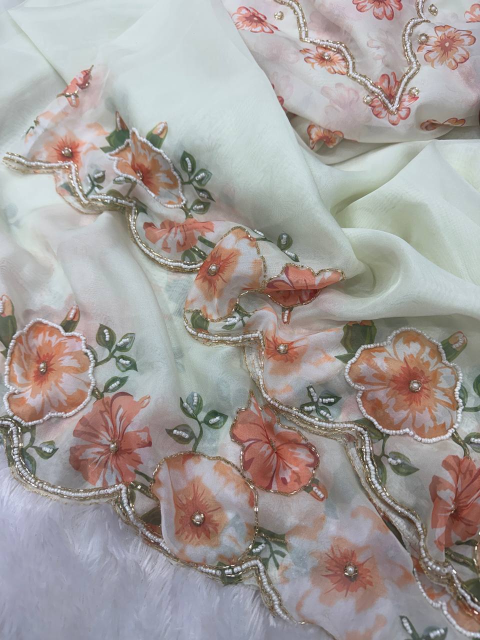Premium White Organza Saree With Floral Printed Embroidered Border & Designer Blouse