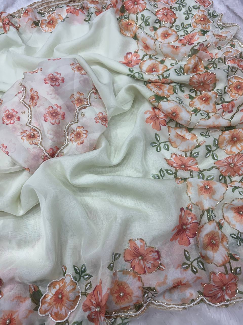 Premium White Organza Saree With Floral Printed Embroidered Border & Designer Blouse