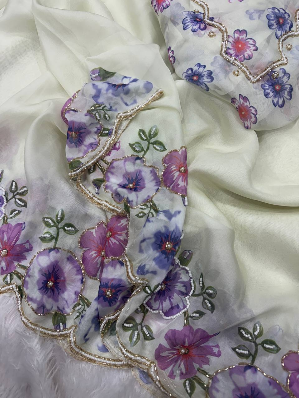 Premium White Organza Saree With Floral Printed Embroidered Border & Designer Blouse