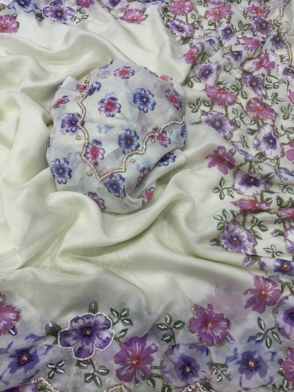Premium White Organza Saree With Floral Printed Embroidered Border & Designer Blouse