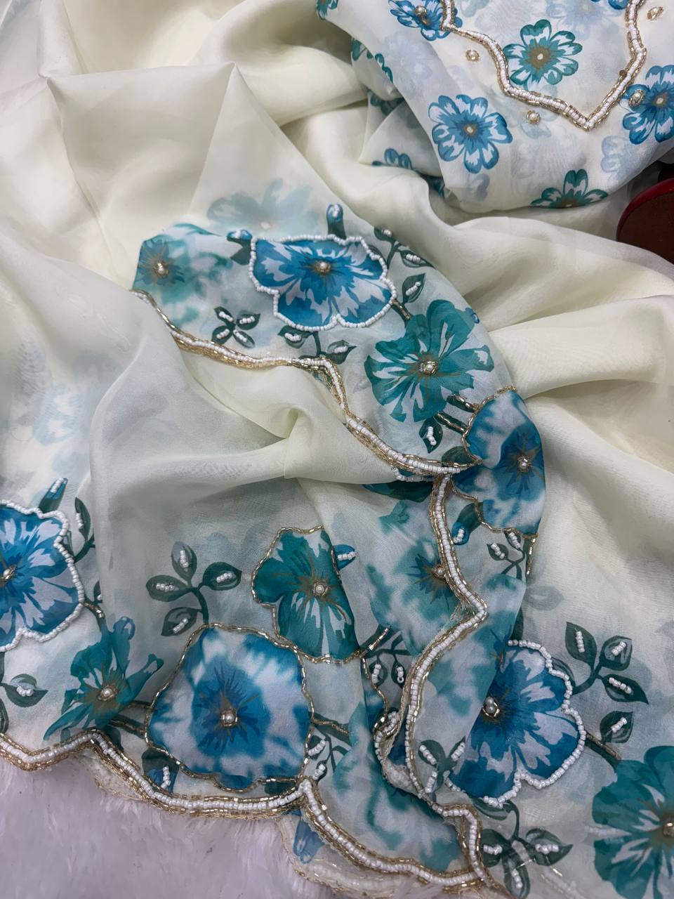 Premium White Organza Saree With Floral Printed Embroidered Border & Designer Blouse