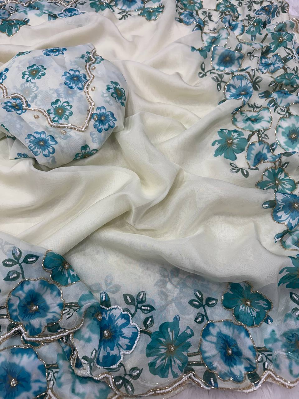 Premium White Organza Saree With Floral Printed Embroidered Border & Designer Blouse