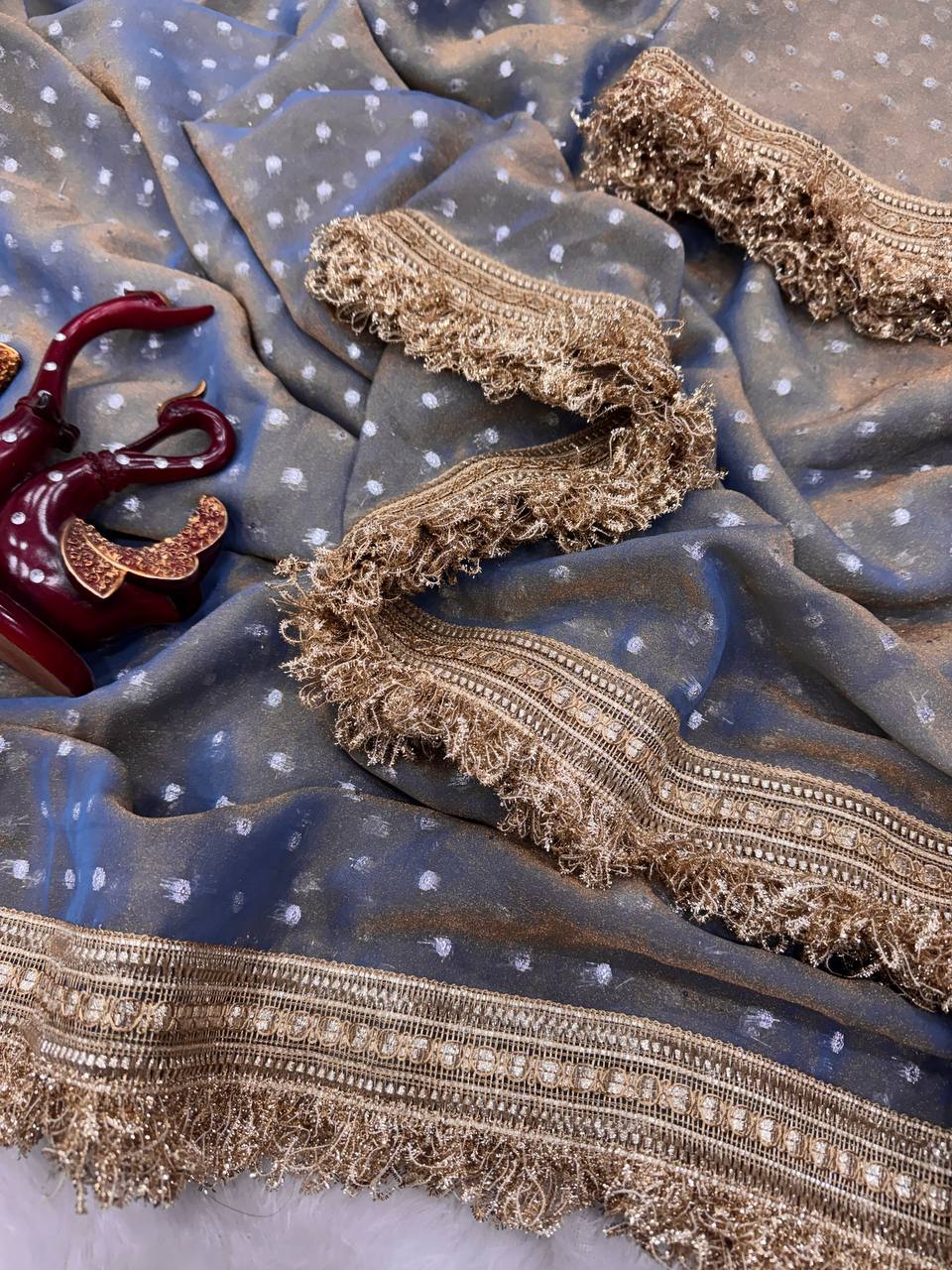 Luxury Shimmer Organza Saree With Golden Tassel Border & Designer Blouse Partywear Saree
