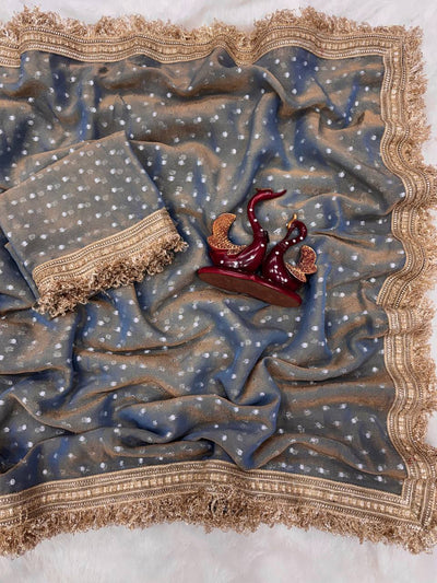 Luxury Shimmer Organza Saree With Golden Tassel Border & Designer Blouse Partywear Saree
