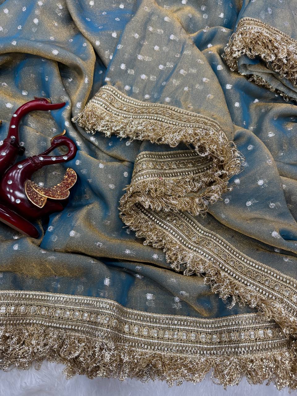 Luxury Shimmer Organza Saree With Golden Tassel Border & Designer Blouse Partywear Saree