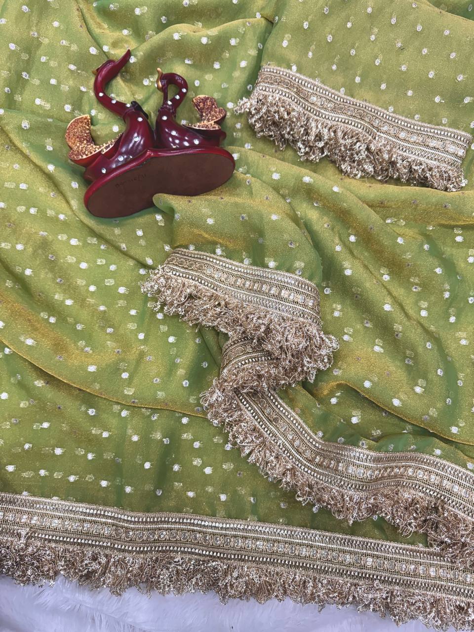 Luxury Shimmer Organza Saree With Golden Tassel Border & Designer Blouse Partywear Saree