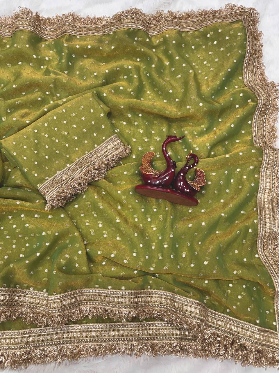 Luxury Shimmer Organza Saree With Golden Tassel Border & Designer Blouse Partywear Saree