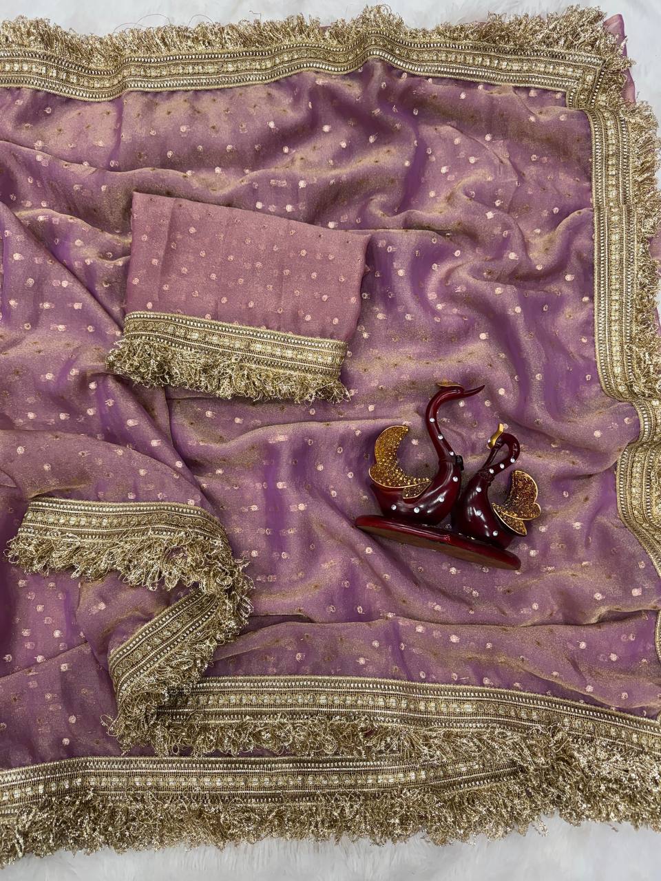 Luxury Shimmer Organza Saree With Golden Tassel Border & Designer Blouse Partywear Saree