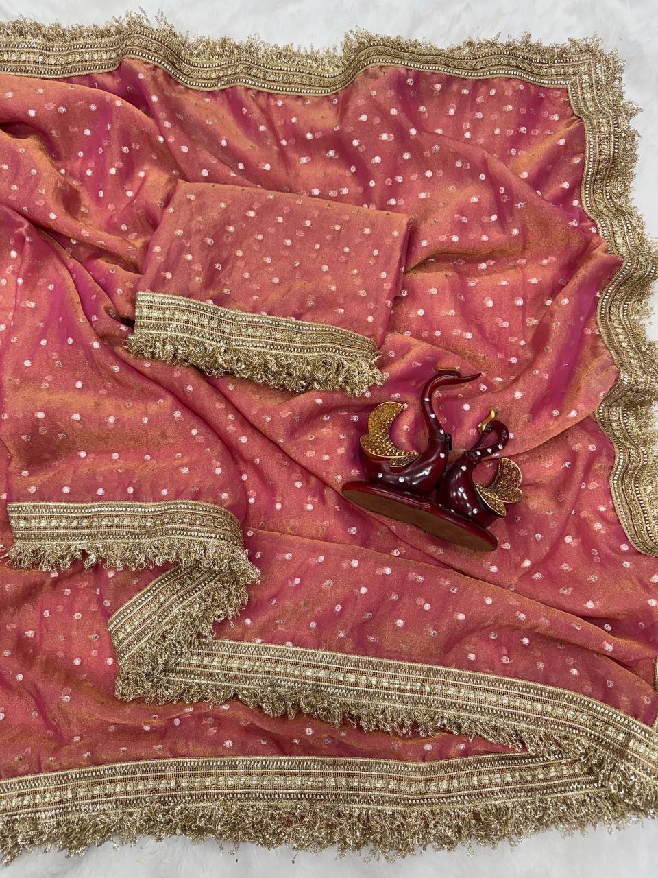 Luxury Shimmer Organza Saree With Golden Tassel Border & Designer Blouse Partywear Saree