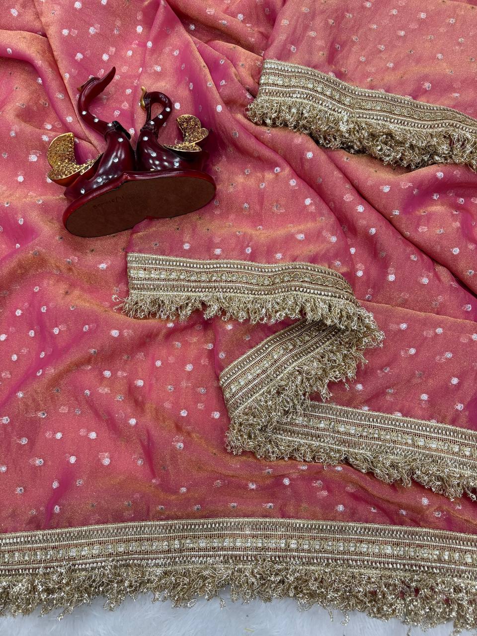 Luxury Shimmer Organza Saree With Golden Tassel Border & Designer Blouse Partywear Saree