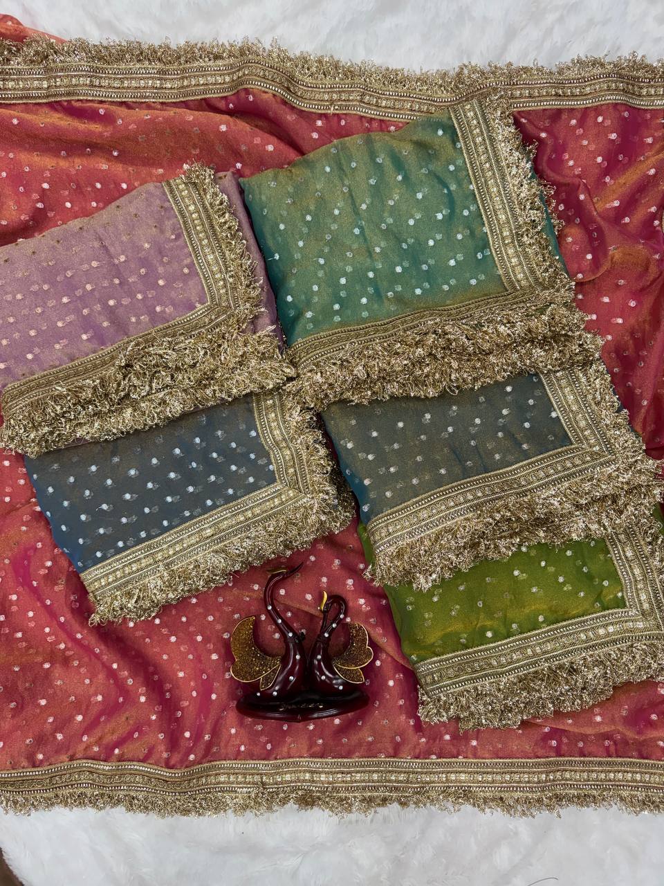 Luxury Shimmer Organza Saree With Golden Tassel Border & Designer Blouse Partywear Saree