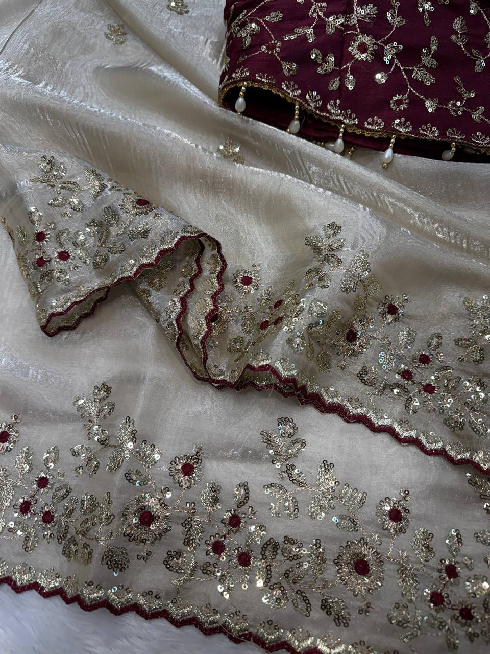 Luxury Organza Silk Saree With Heavy Floral Embroidered Border & Designer Sequins Blouse