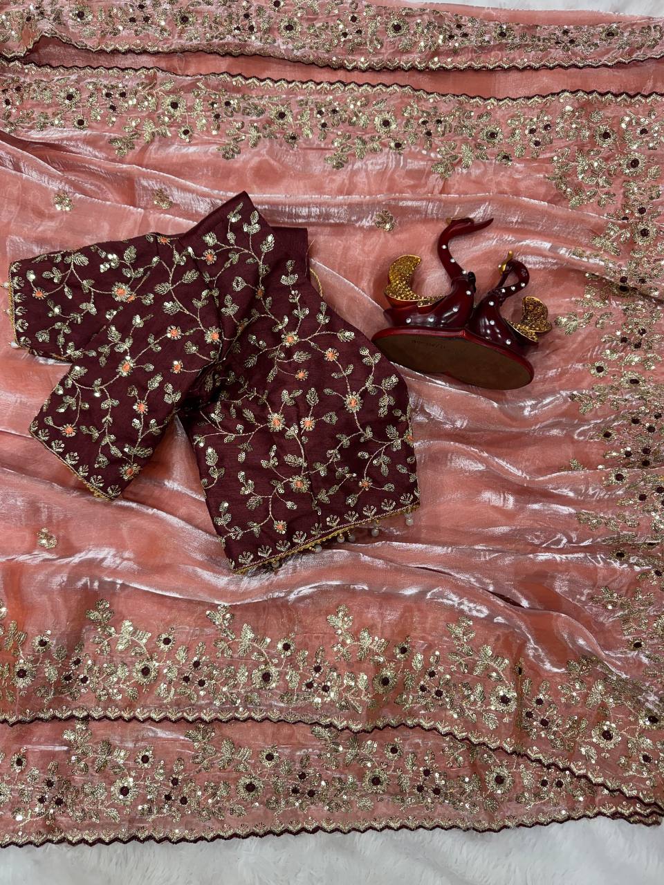 Luxury Organza Silk Saree With Heavy Floral Embroidered Border & Designer Sequins Blouse