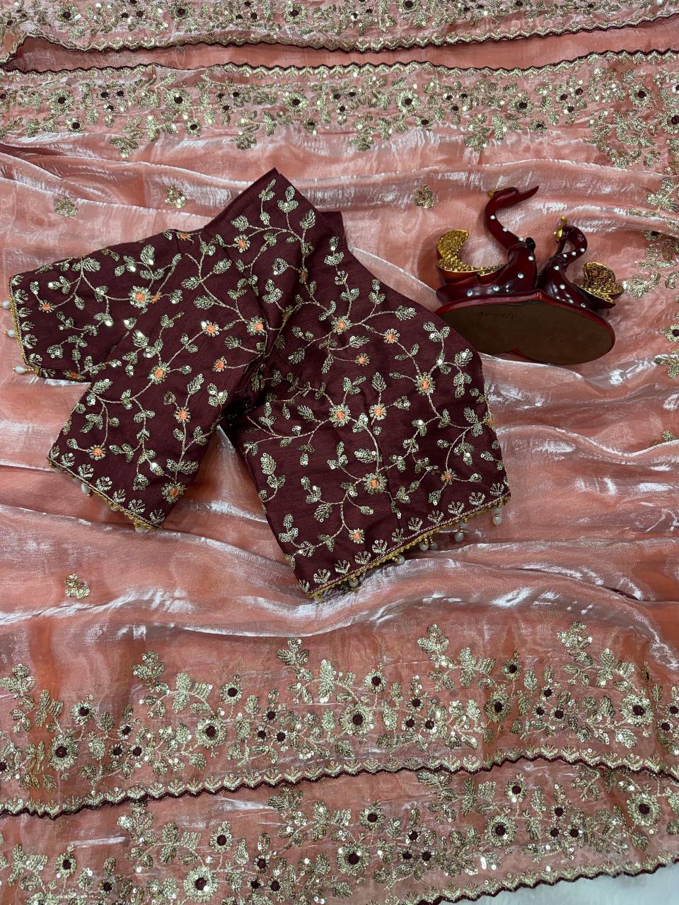 Luxury Organza Silk Saree With Heavy Floral Embroidered Border & Designer Sequins Blouse